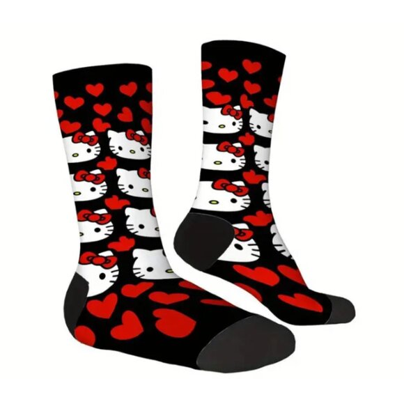 Hello Kitty & Red Hearts Mid-Calf Socks Cute Cartoon Cat Design One Size - Picture 3 of 5